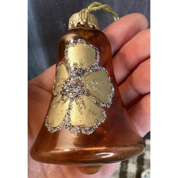 Vintage Blown Glass Bell Christmas Ornaments West Germany Brown & Gold Glitter - Picture 16 of 16